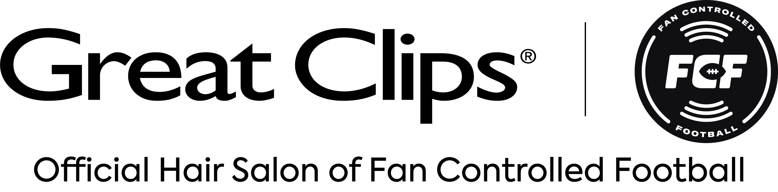 Logos of Great Clips and Fan Controlled Football next to each other, with text underneath reading Official Hair Salon of Fan Controlled Football